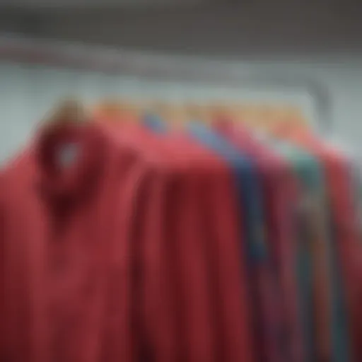 A vibrant display of strawberry jam shirts on a clothing rack