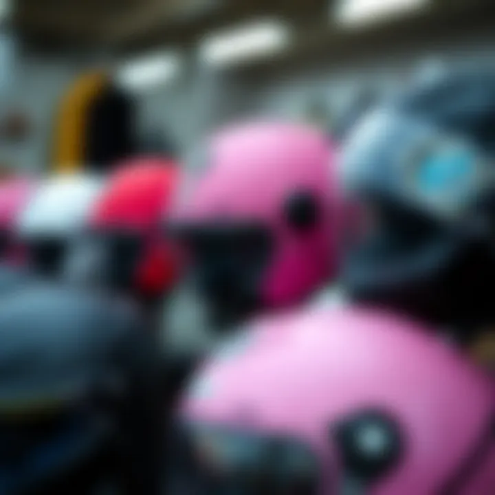 A comparison of different styles of pink and black motorcycle helmets on display.