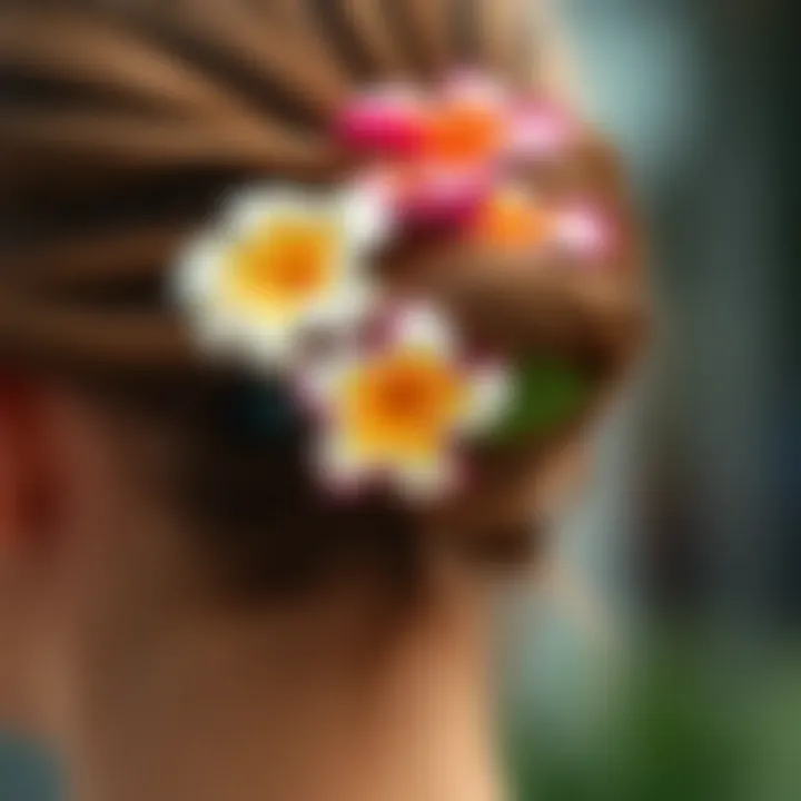 Close-up of a flower clip worn in a hairstyle, demonstrating styling techniques