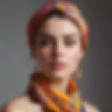 A colorful sun head scarf styled elegantly around a model's head