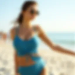 A stylish tank swim suit on a beach setting