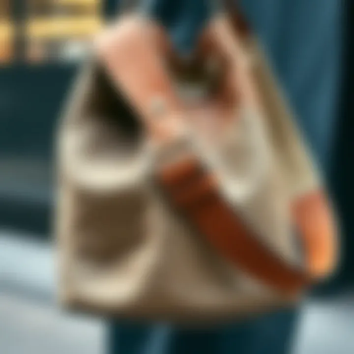 Close-up of a textured bucket bag showcasing unique materials and a guitar strap