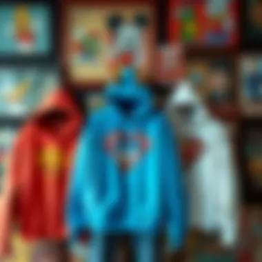 Nostalgic Essence of Cartoon Character Hoodies A nostalgic display of various cartoon character hoodies against a backdrop of pop culture memorabilia.