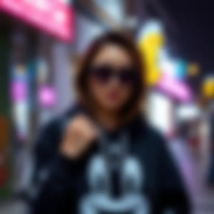 Contemporary Styling with Cartoon Character Hoodies An individual styled in a cartoon character hoodie paired elegantly with contemporary fashion accessories.