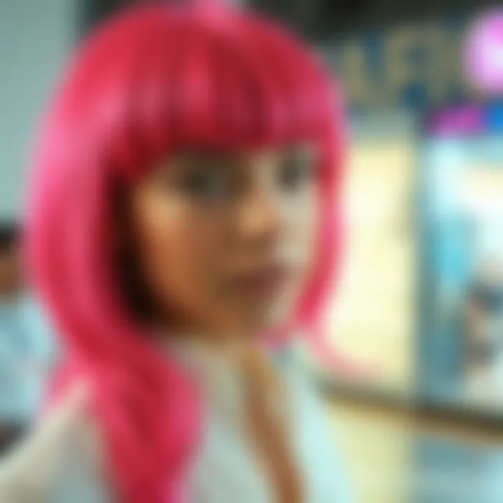 Fashionable individual showcasing a hot pink wig with bangs