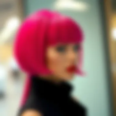 Vibrant hot pink wig with bangs styled elegantly