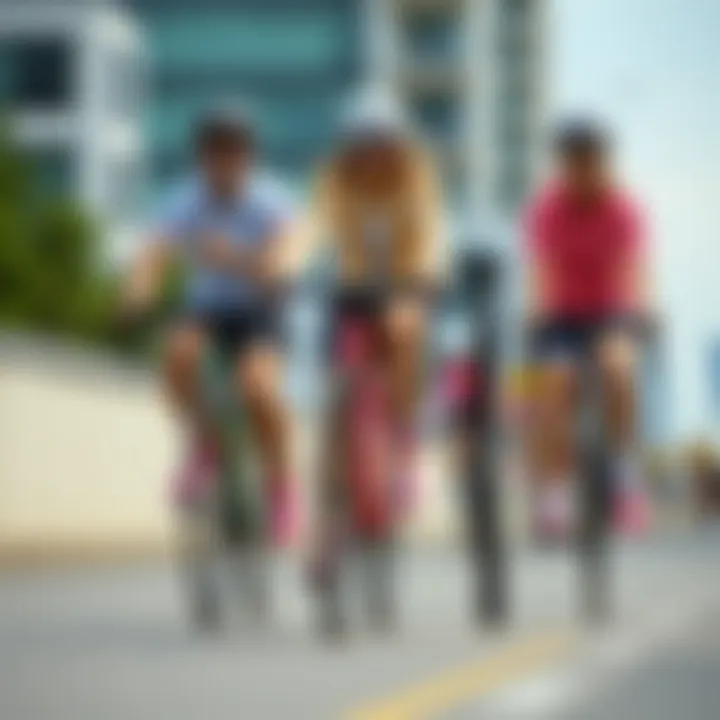 Group of cyclists wearing pink shoes in urban setting