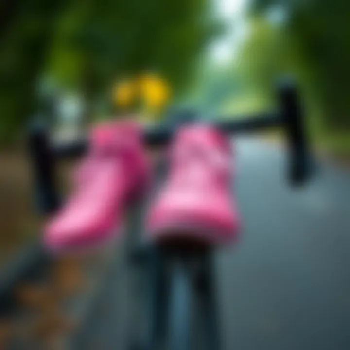 Stylish pink cycling shoes on a bike