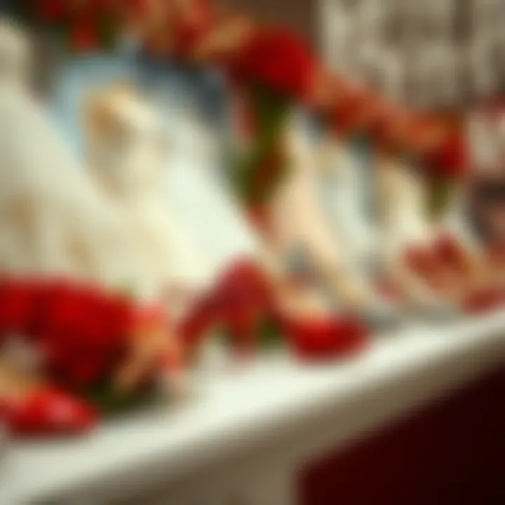 Red shoes on a bridal display with floral accents