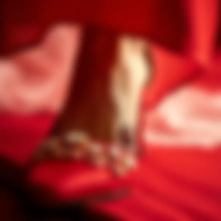 Close-up of textured red fabric used in wedding shoes