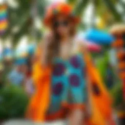 A dynamic festival outfit featuring vibrant colors and intricate patterns