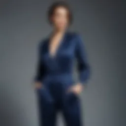 Elegant model showcasing a navy blue satin jumpsuit