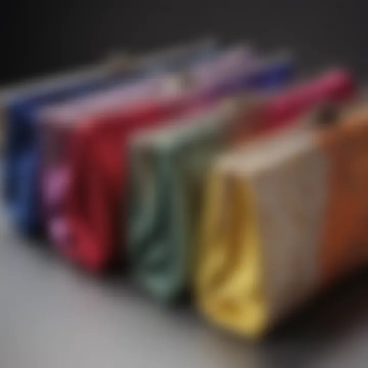 A variety of silk clutch purses in different colors and designs