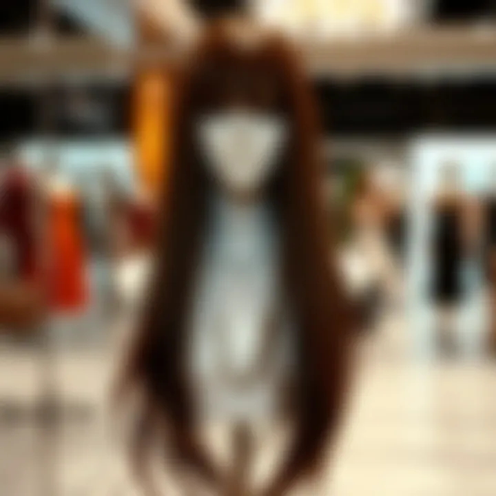 Elegant Long Straight Brown Wig A stunning long straight brown wig displayed elegantly on a mannequin