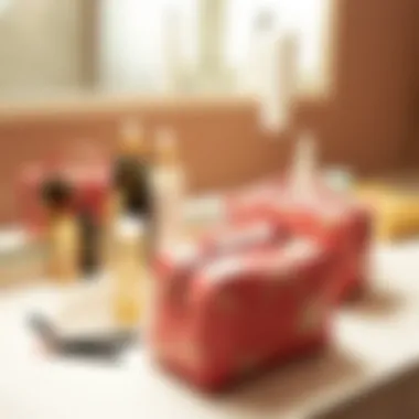 Stylish matching makeup and toiletry bags on a vanity