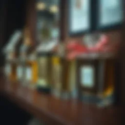 Elegant glass perfume bottles on a wooden shelf