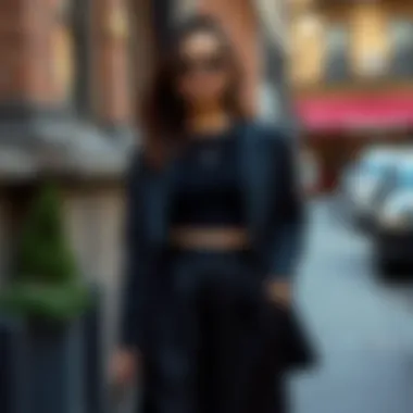 Chic Styling of the Black Skirt and Jacket Ensemble Stylish black skirt and jacket combination accessorized for a chic look