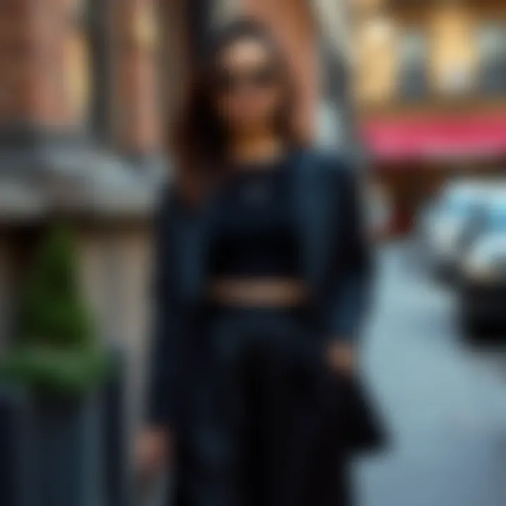 Chic Styling of the Black Skirt and Jacket Ensemble Stylish black skirt and jacket combination accessorized for a chic look