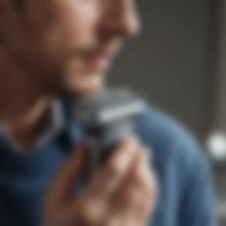 Close-up of a clothes shaver in action, effectively removing fabric pills from a sweater