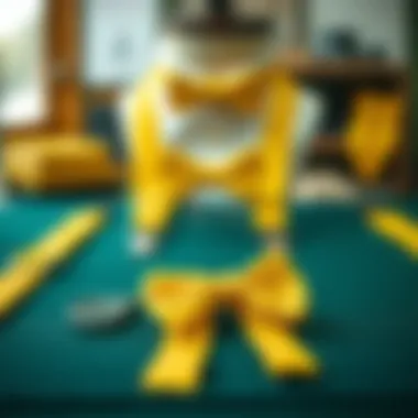 Elegant Display of Fashion Accessories Yellow suspenders and bow ties displayed elegantly on a tailor's table