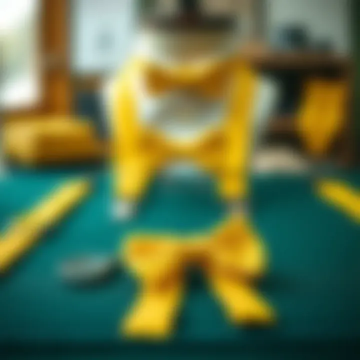Elegant Display of Fashion Accessories Yellow suspenders and bow ties displayed elegantly on a tailor's table