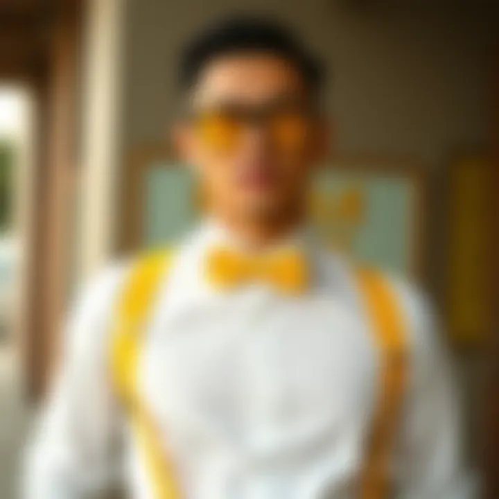 Stylish Ensemble with Yellow Accents A fashionable outfit featuring yellow suspenders and a bow tie
