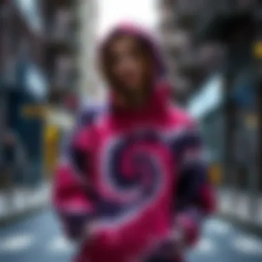 A stylish individual wearing a tie-dye hoodie in a dynamic urban setting.