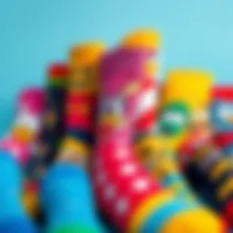 A vibrant assortment of cartoon socks displayed creatively