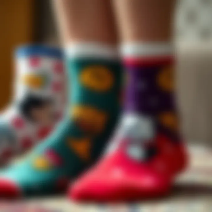 Detailed Look at Cartoon Sock Designs Close-up of unique cartoon designs on socks