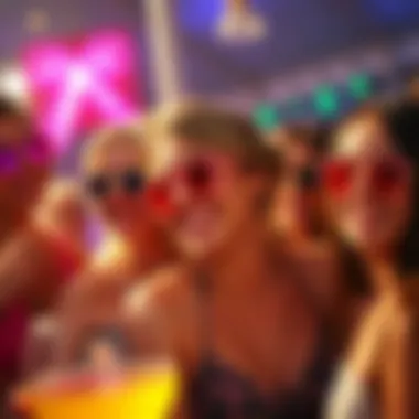 A vibrant bachelorette party scene featuring heart sunglasses