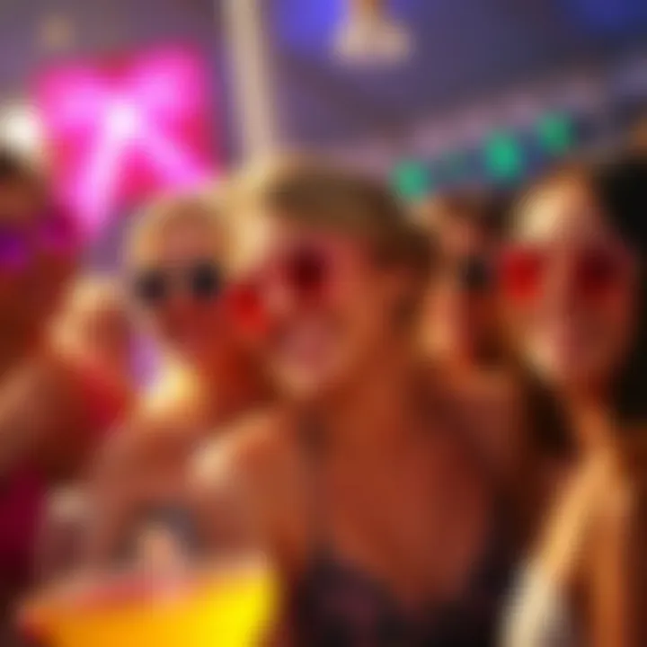 A vibrant bachelorette party scene featuring heart sunglasses