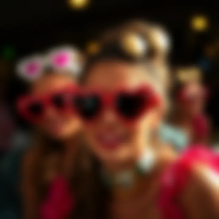 Creative styling of heart sunglasses paired with festive bachelorette attire