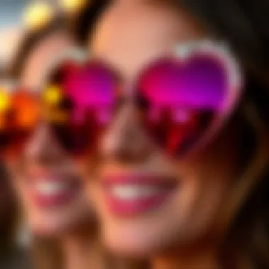 A close-up of heart sunglasses reflecting joyful moments during a bachelorette party