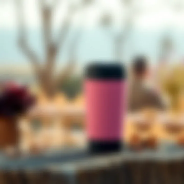 A pink travel coffee mug in an outdoor setting, emphasizing its practical use