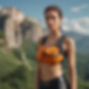 A fashionable fanny pack paired with sporty clothing against a scenic backdrop