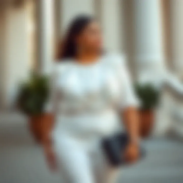 Elegant plus size white ruffle blouse styled for a formal occasion