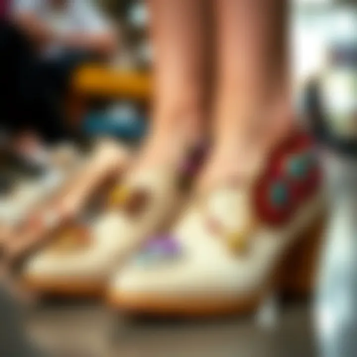 Transformed Footwear with Colorful Bling An array of shoes transformed by colorful clip-on decorations