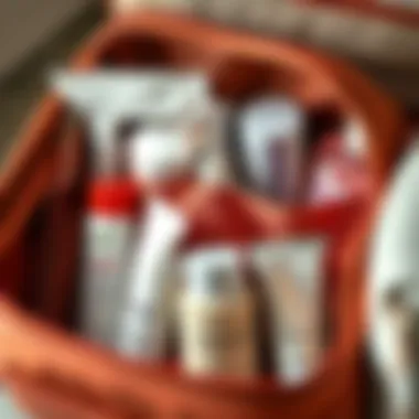 Efficient Packing Strategies for Toiletry Essentials Packaged travel toiletries neatly arranged in a stylish bag