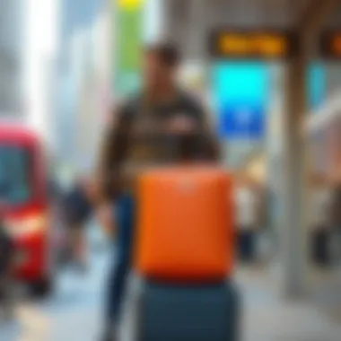 Traveler utilizing a multifunctional suitcase in an urban environment