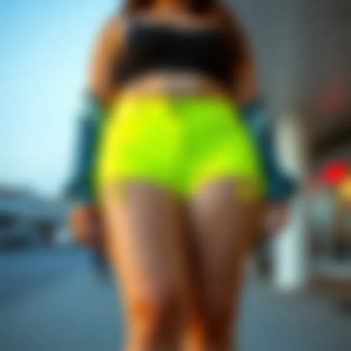 Stylish Display of Neon Biker Shorts Vibrant plus size neon biker shorts displayed on a stylish outfit.