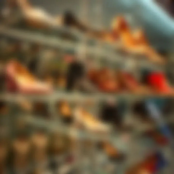Shoe Display on Acrylic Shelf Elegant array of shoes displayed on clear acrylic shelving unit