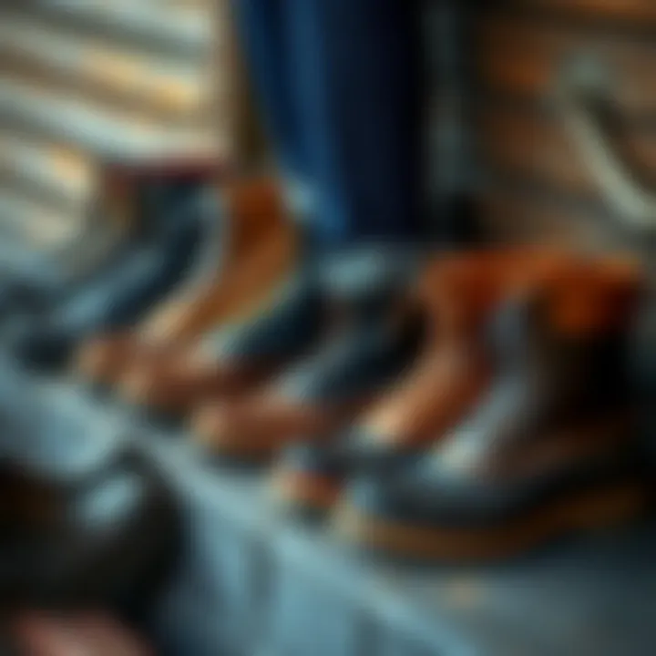 Diverse Styles of Waterproof Lug Sole Boots Variety of waterproof lug sole boots in different styles and colors displayed on a rustic surface