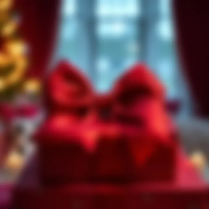 Elegant Presentation of Big Red Bow Luxurious big red bow displayed elegantly on a festive package