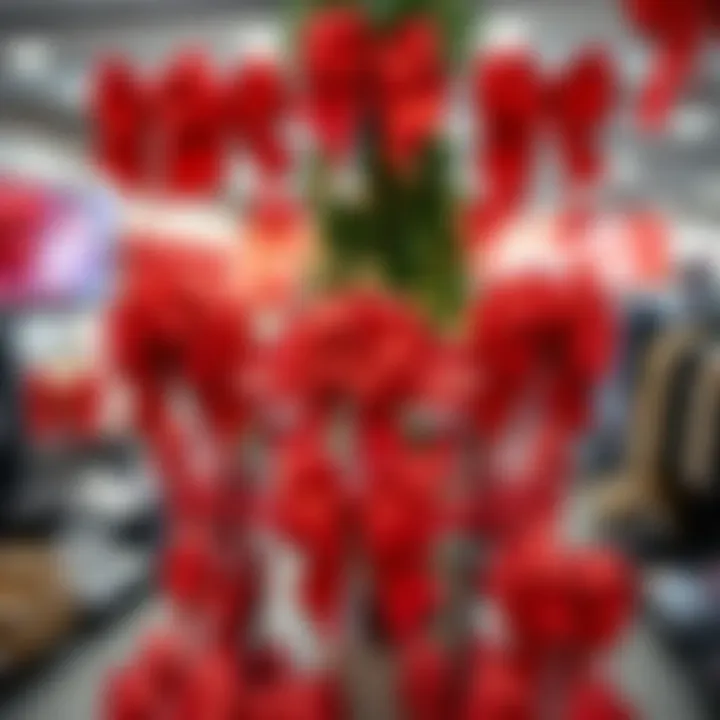 Seasonal Retail Display of Big Red Bows Seasonal display showcasing big red bows in a retail environment
